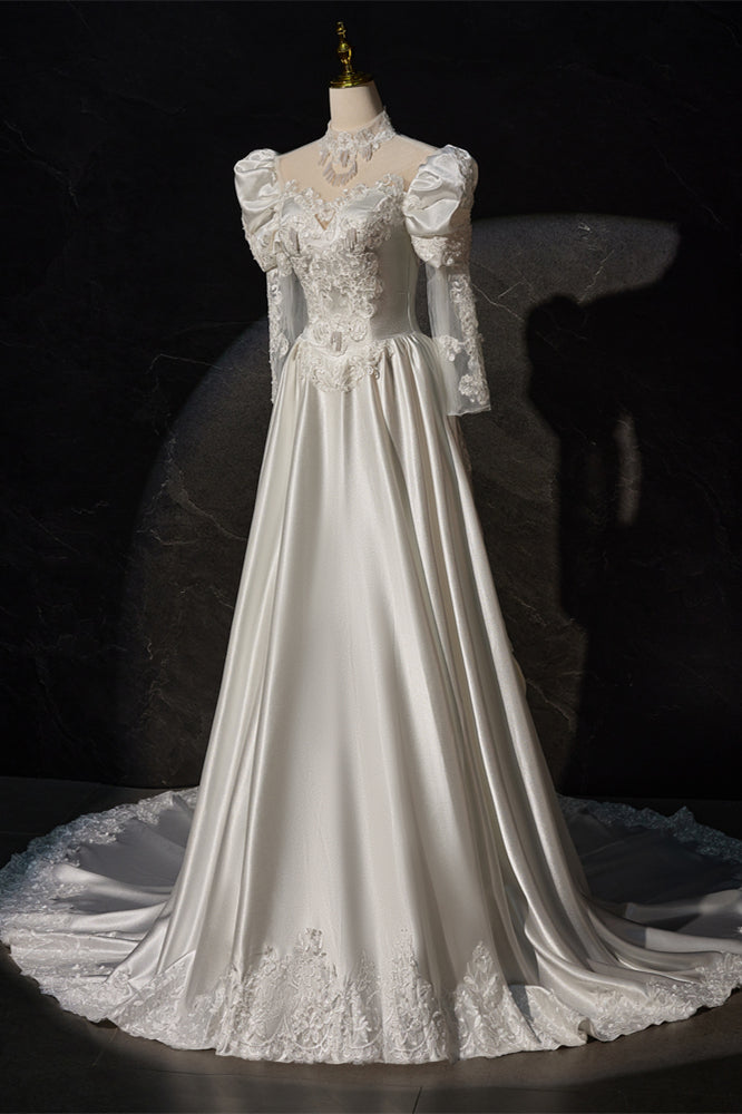 Long Sleeves White Satin Embroidery Wedding Gown