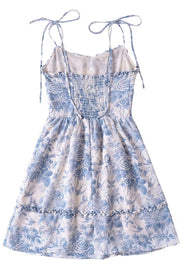 Tie Shoulder Blue Floral Printed Short Dress