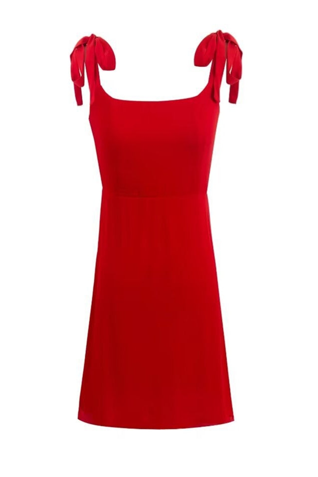 Tie Shoulder Red Chiffon Short Summer Dress