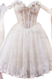 Tie Shoulder Rosette White Lace Short Dress