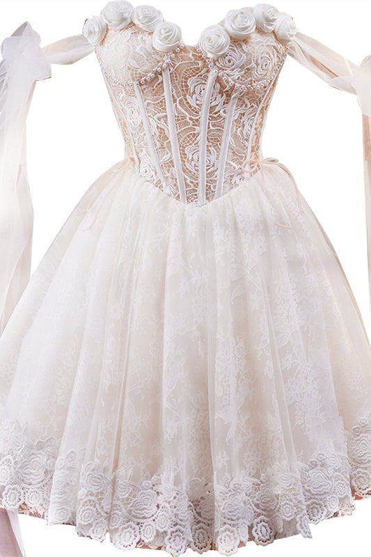Tie Shoulder Rosette White Lace Short Dress