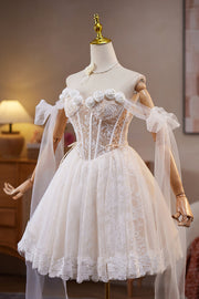 Tie Shoulder Rosette White Lace Short Dress