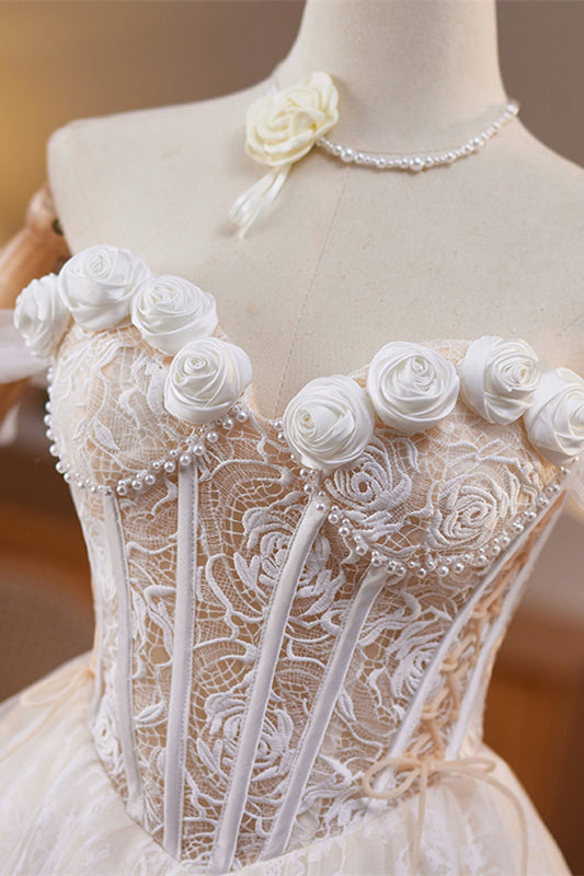 Tie Shoulder Rosette White Lace Short Dress