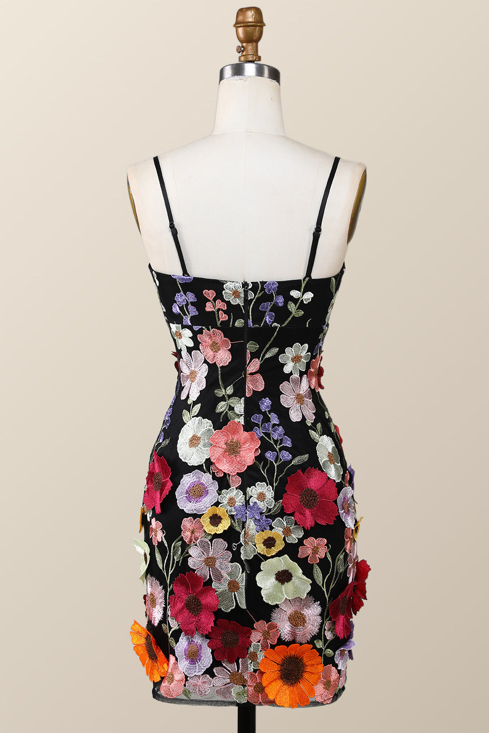 Black Floral Embroidery Tight Mini Dress with Straps