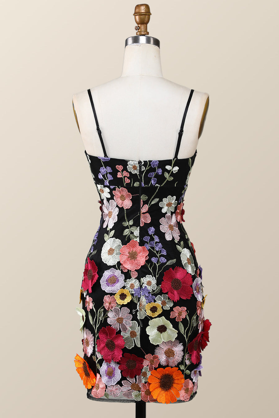 Black Floral Embroidery Tight Mini Dress with Straps