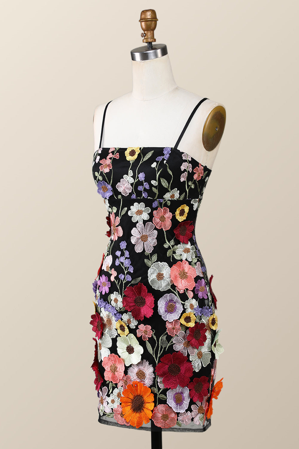 Black Floral Embroidery Tight Mini Dress with Straps