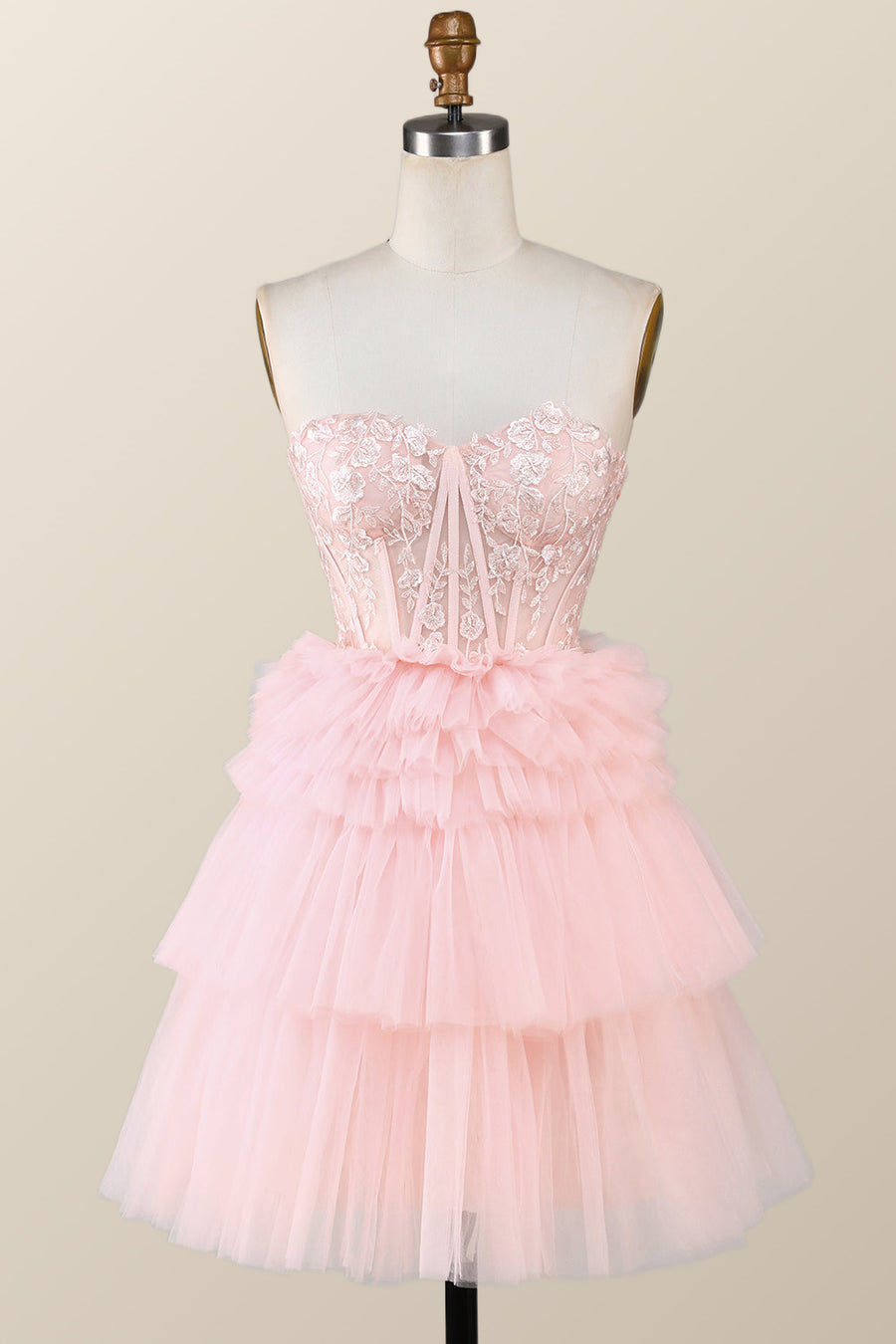 Pink Sweetheart Lace and Ruffles Short Tulle Dress