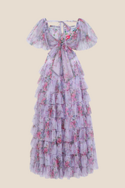 Two Pieces Lavender Floral Print Tiered Long Dress