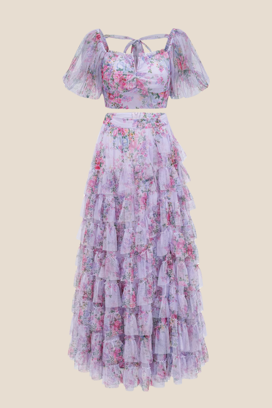 Two Pieces Lavender Floral Print Tiered Long Dress