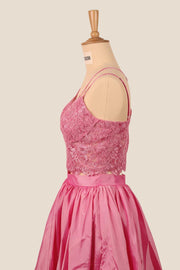 Two Pieces Pink Lace Appliques Short Dress