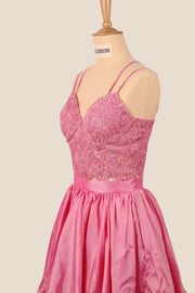 Two Pieces Pink Lace Appliques Short Dress