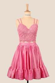 Two Pieces Pink Lace Appliques Short Dress