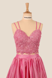 Two Pieces Pink Lace Appliques Short Dress