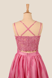 Two Pieces Pink Lace Appliques Short Dress