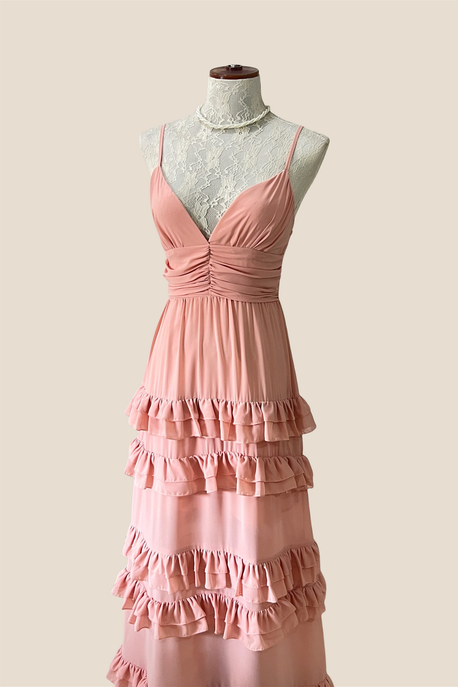 V-Neck Peach Ruffle Hem A-line Long Dress