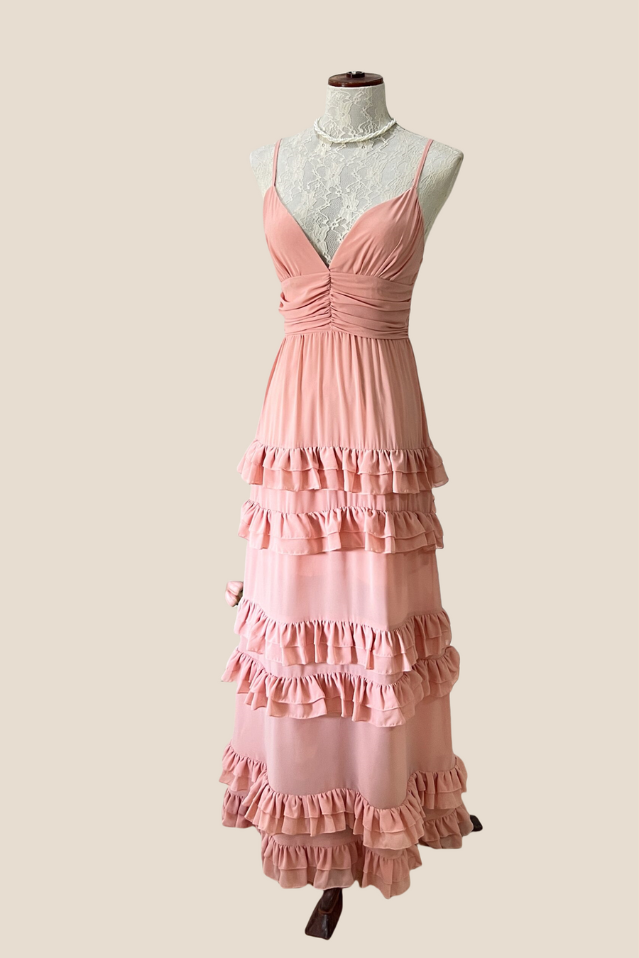 V-Neck Peach Ruffle Hem A-line Long Dress