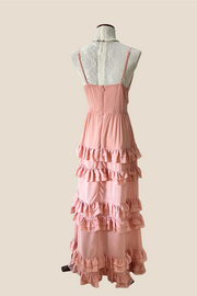 V-Neck Peach Ruffle Hem A-line Long Dress