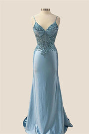 V-neck Blue Beaded Mermaid Satin Long Dress