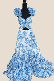 V-neck Blue Floral Print Ruffle Long Dress