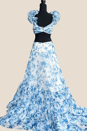 V-neck Blue Floral Print Ruffle Long Dress