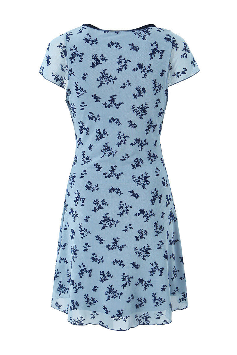 V-neck Blue Floral Print Tulle Short Summer Dress