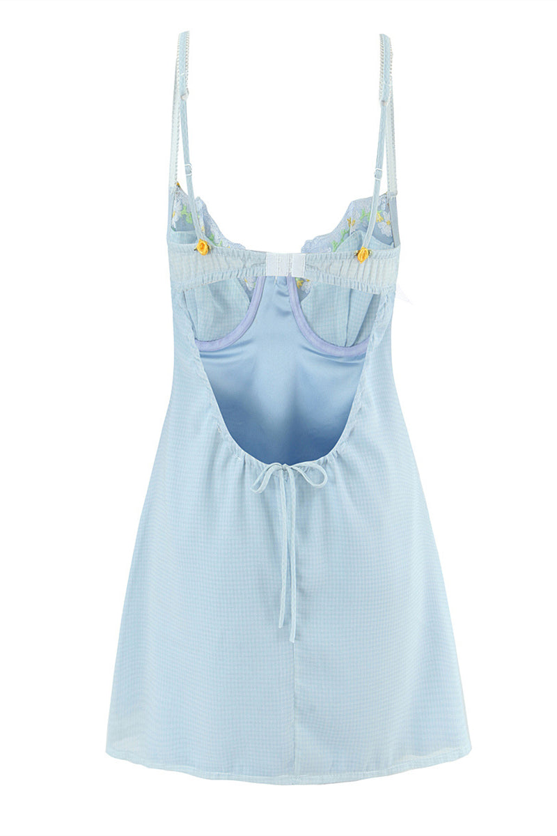 Blue Flower Embroidered A-line Short Dress