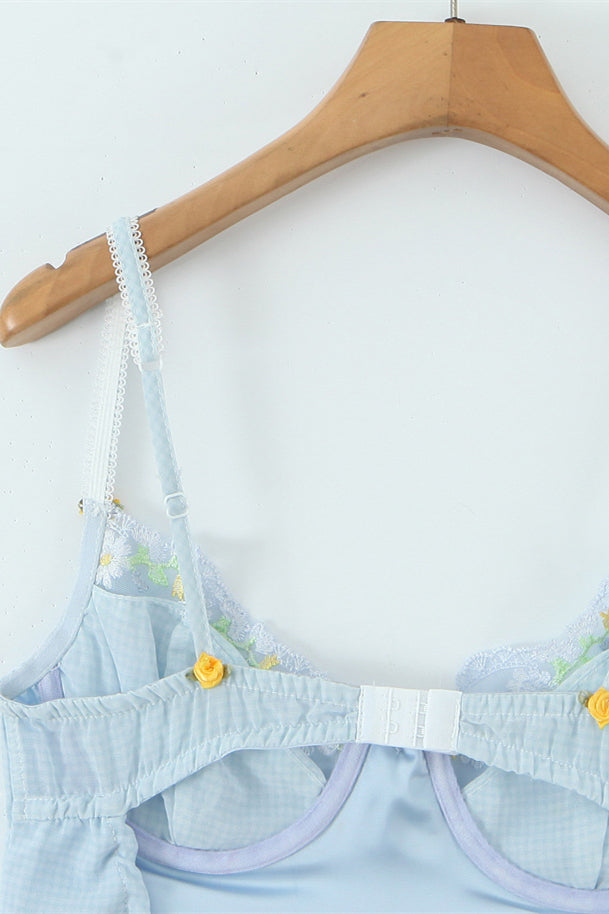 Blue Flower Embroidered A-line Short Dress