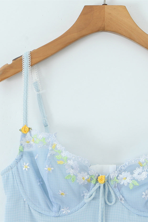 Blue Flower Embroidered A-line Short Dress