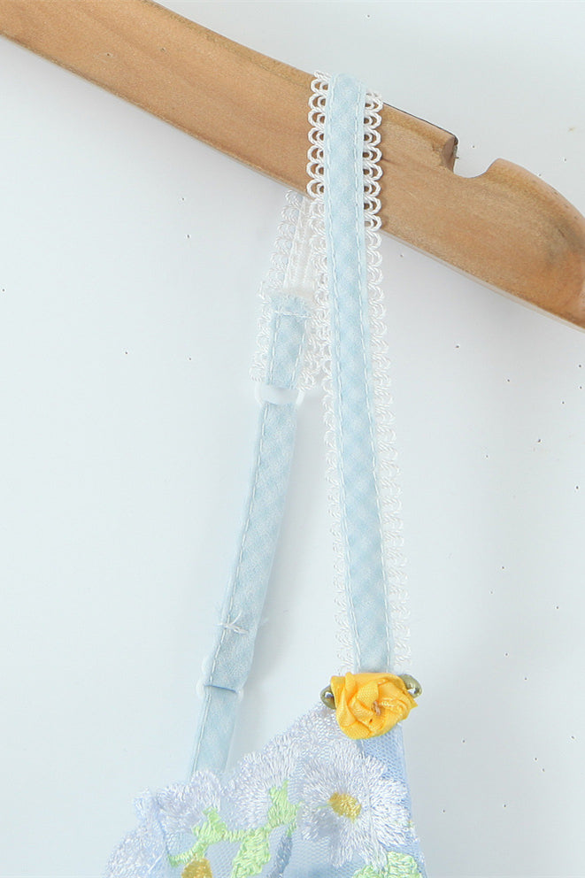 Blue Flower Embroidered A-line Short Dress