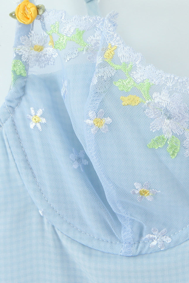 Blue Flower Embroidered A-line Short Dress