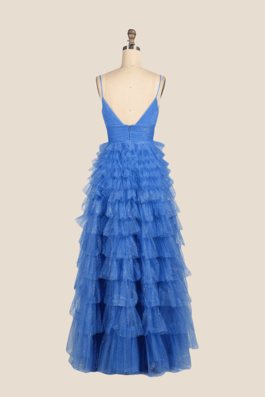 V-neck Blue Ruffles Tiered Long Dress with Slit