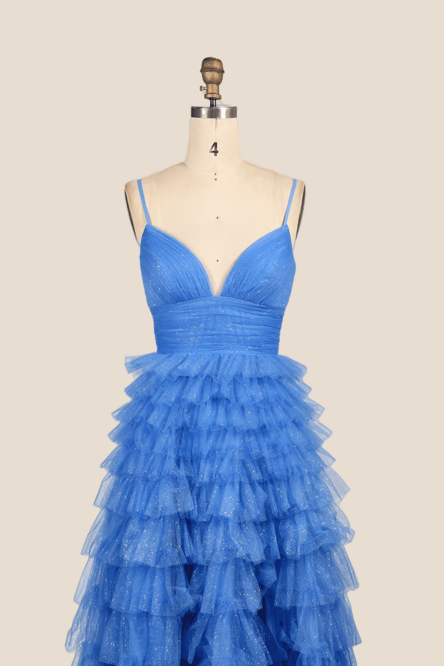 V-neck Blue Ruffles Tiered Long Dress with Slit