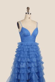 V-neck Blue Ruffles Tiered Long Dress with Slit