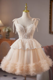 V-neck Champagne Appliques Tulle Short Dress