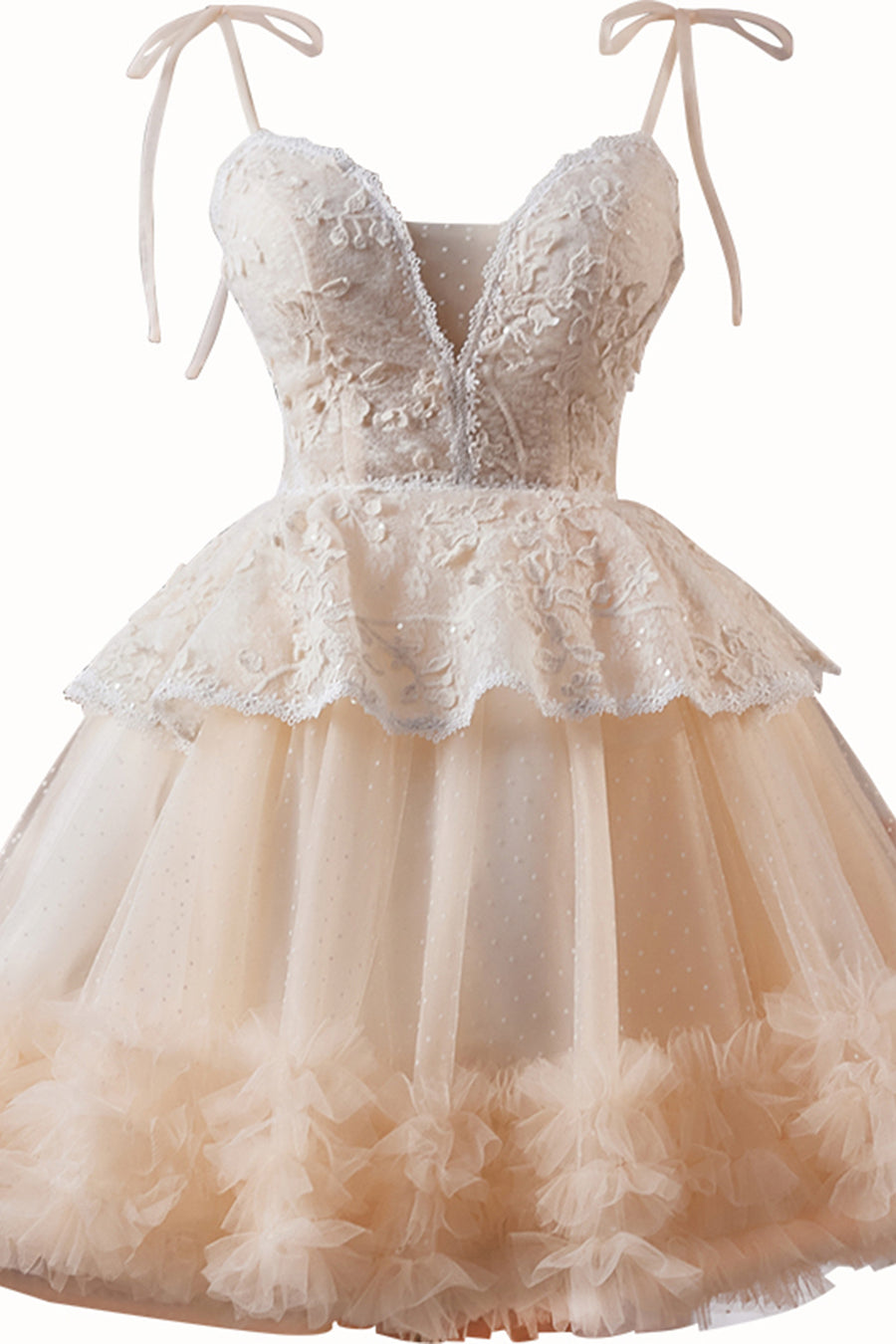 V-neck Champagne Appliques Tulle Short Dress