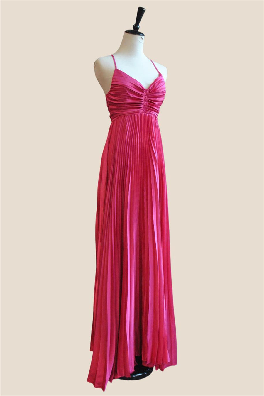 V-neck Hot Pink Pleated A-line Long Dress