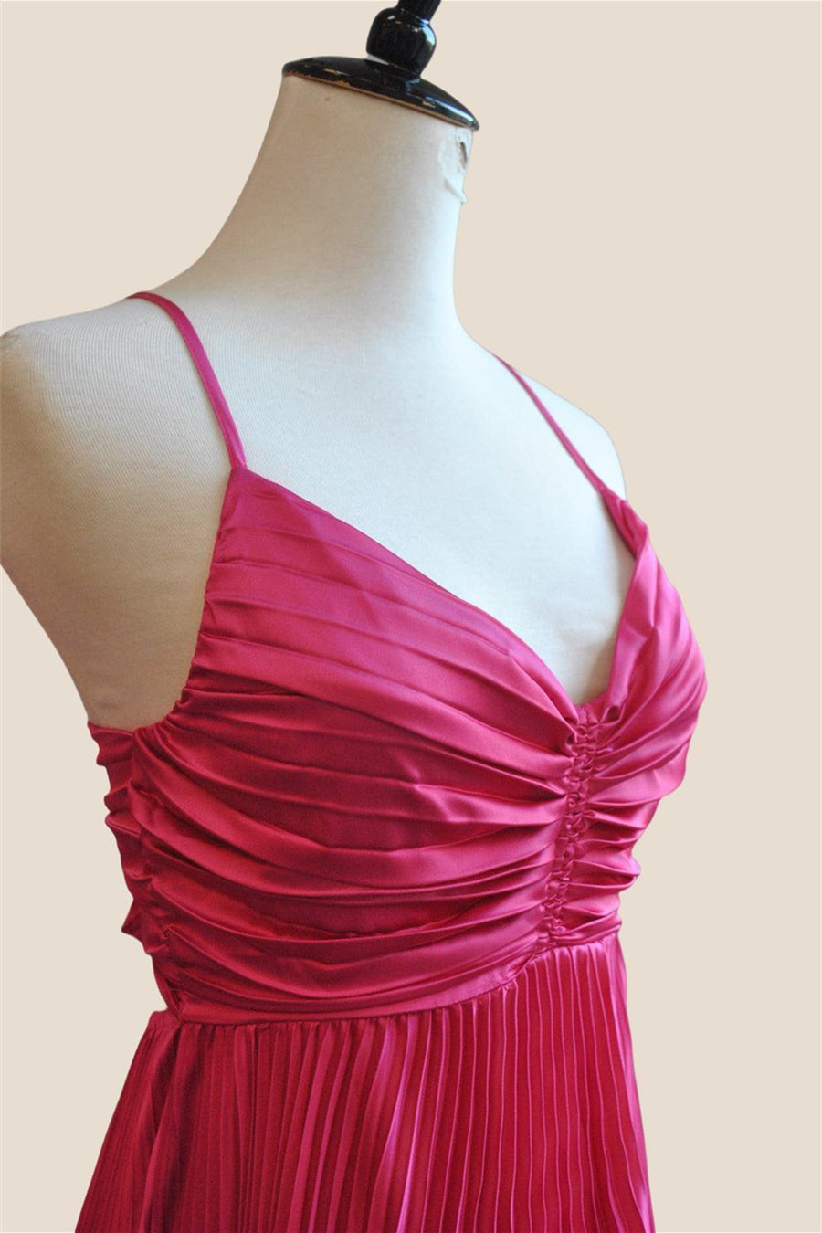 V-neck Hot Pink Pleated A-line Long Dress