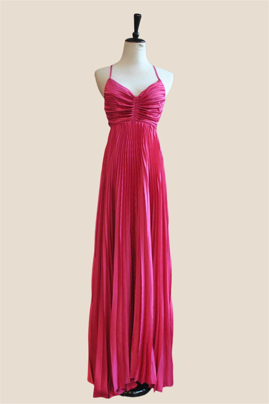 V-neck Hot Pink Pleated A-line Long Dress