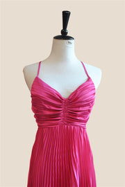 V-neck Hot Pink Pleated A-line Long Dress