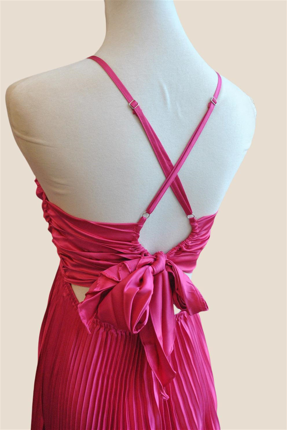 V-neck Hot Pink Pleated A-line Long Dress