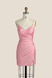 V-neck Pink Ruched Bodycon Short Dress