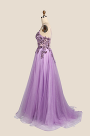 V-neck Lilac Sequin A-line Long Tulle Dress