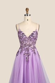 V-neck Lilac Sequin A-line Long Tulle Dress