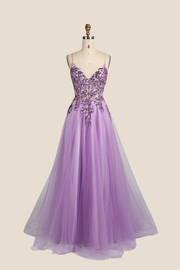 V-neck Lilac Sequin A-line Long Tulle Dress