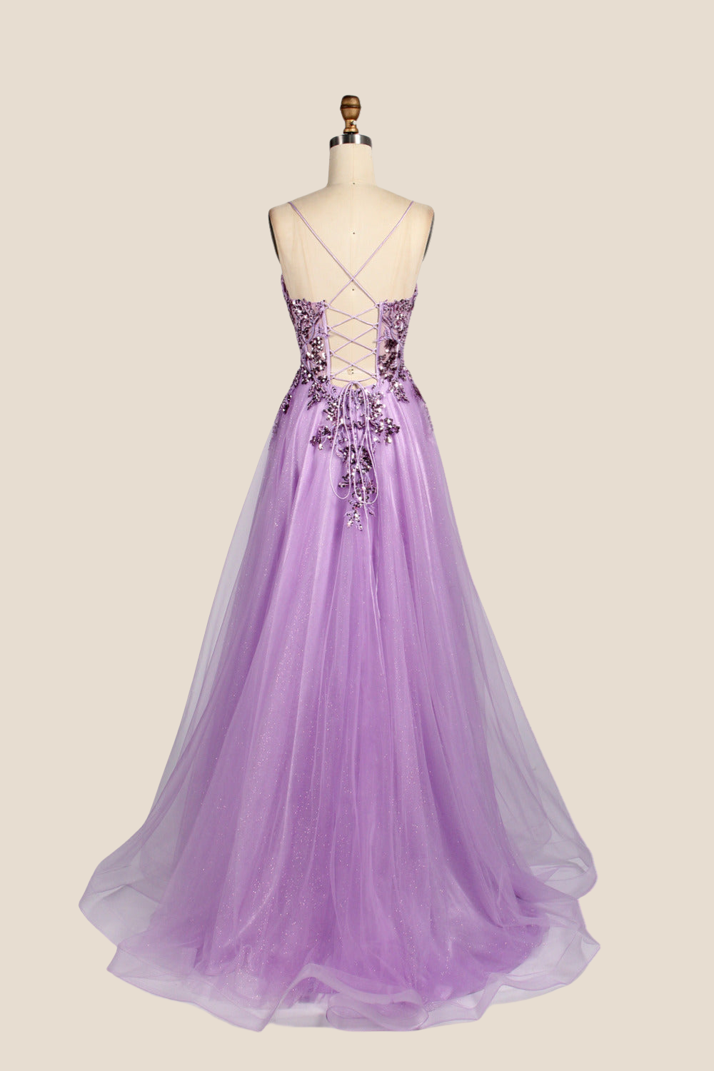 V-neck Lilac Sequin A-line Long Tulle Dress