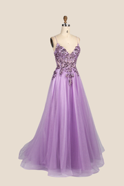 V-neck Lilac Sequin A-line Long Tulle Dress