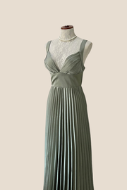 V-neck Olive Green Pleated Long Chiffon Dress