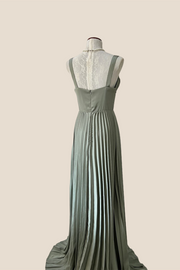 V-neck Olive Green Pleated Long Chiffon Dress