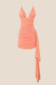 V-neck Orange Ruched Short Dress with Streamer