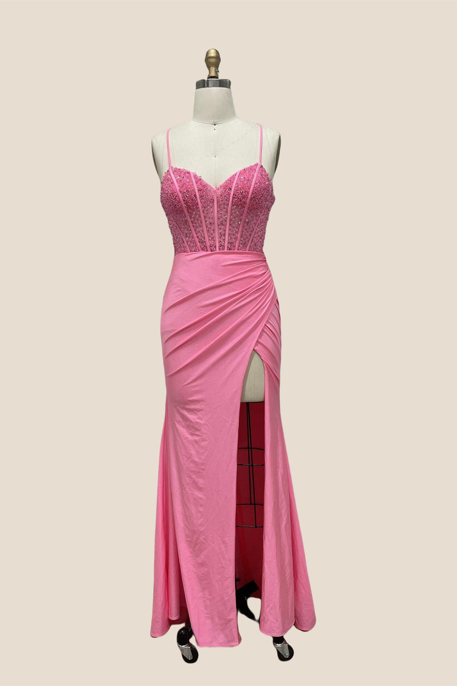 V-neck Pink Beaded Ruched Long Dress with Slit